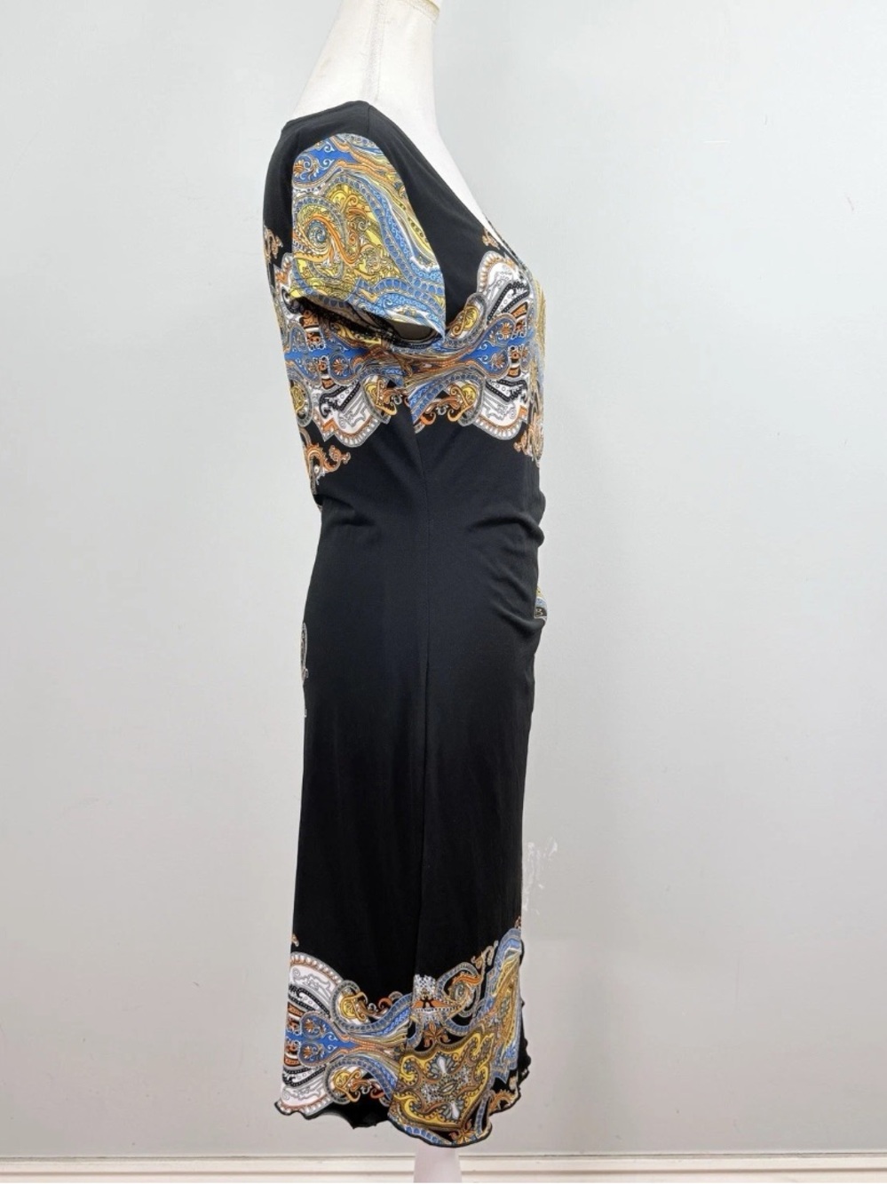 Joseph Ribkoff black paisley sheath dress with ruched side detailing size 10. - Picture 11 of 12